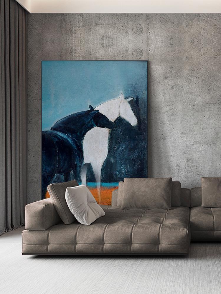 Abstract Black and White Horse Oil Painting on Canvas, Large Original Horses Canvas Wall Art, Modern Animal Wall Art for Living Room Bedroom