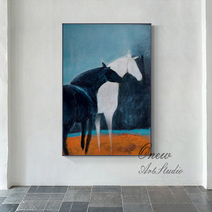 Abstract Black and White Horse Oil Painting on Canvas, Large Original Horses Canvas Wall Art, Modern Animal Wall Art for Living Room Bedroom