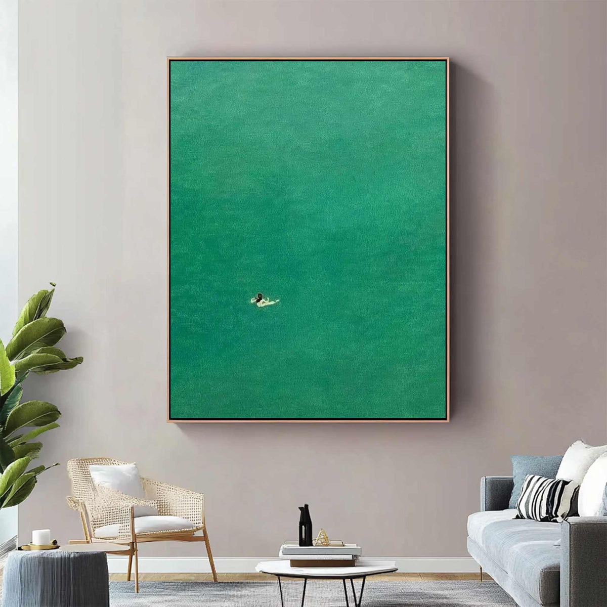 May include: A framed abstract painting of a person swimming in a bright green body of water.