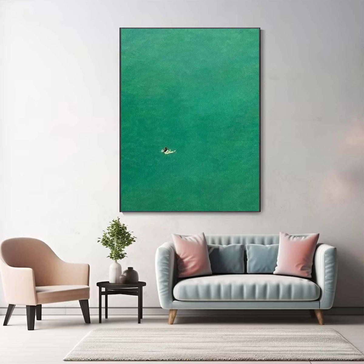 May include: An aerial view of a person swimming in a bright green body of water.