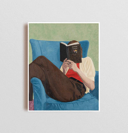 Book Lover Wall Art Blue Chair Figure Canvas Painting for Cozy Modern Bedroom Decor