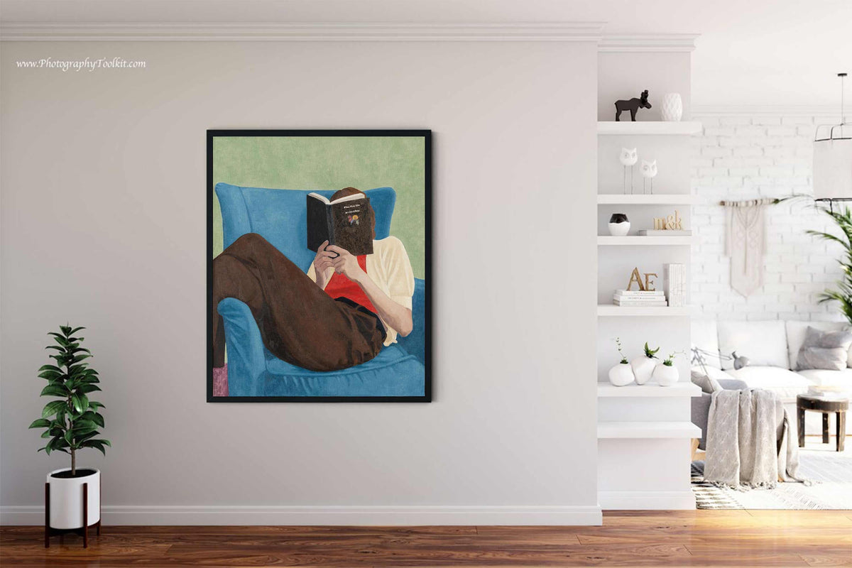 Book Lover Wall Art Blue Chair Figure Canvas Painting for Cozy Modern Bedroom Decor