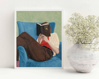 Book Lover Wall Art Blue Chair Figure Canvas Painting for Cozy Modern Bedroom Decor