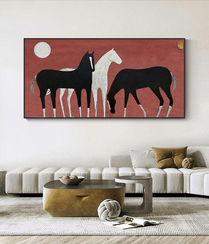 Abstract Black and White Horses Oil Painting on Canvas, Large Original Horse Canvas Wall Art, Modern Animal Wall Art for Living Room Bedroom