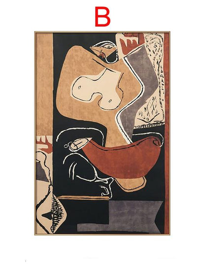 May include: Abstract art print featuring a stylized figure with a red, brown, and white color scheme. The print is framed in a gold frame.