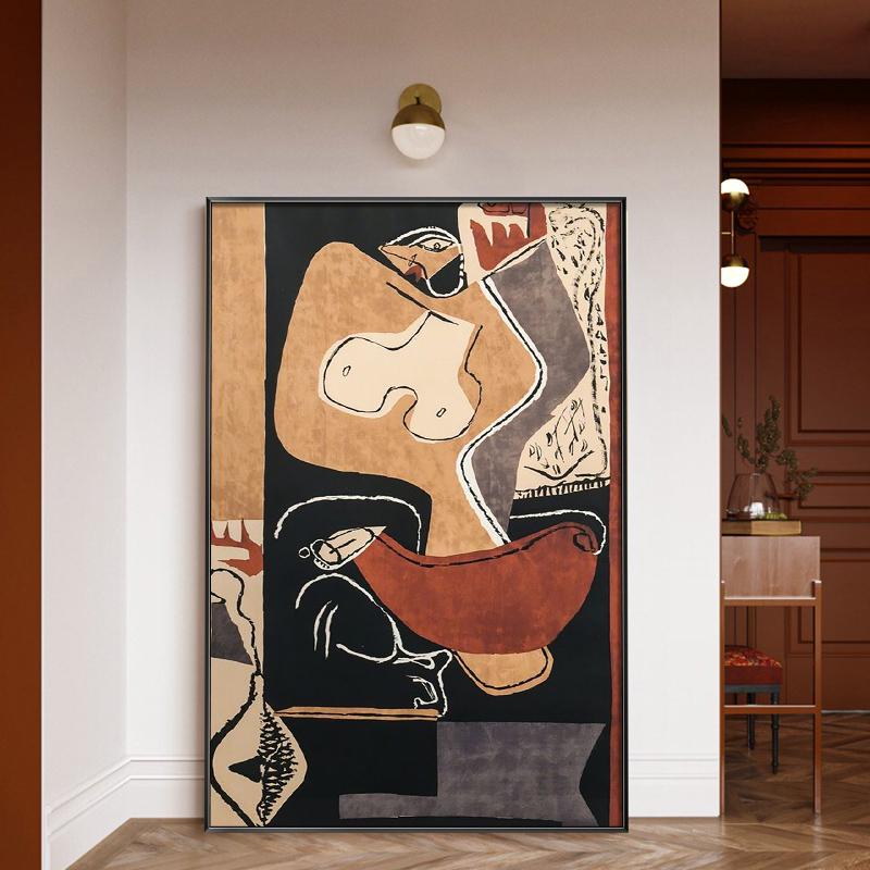 May include: Abstract art print featuring a nude figure with geometric shapes in shades of brown, black, white, and gray.