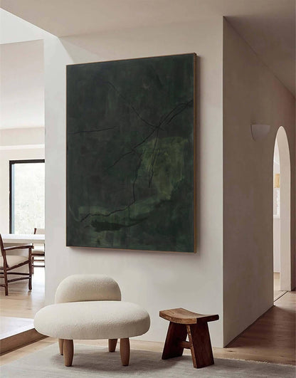 Large Dark Green Abstract Wall Art Wabi Sabi Canvas Painting for Living Room Decor