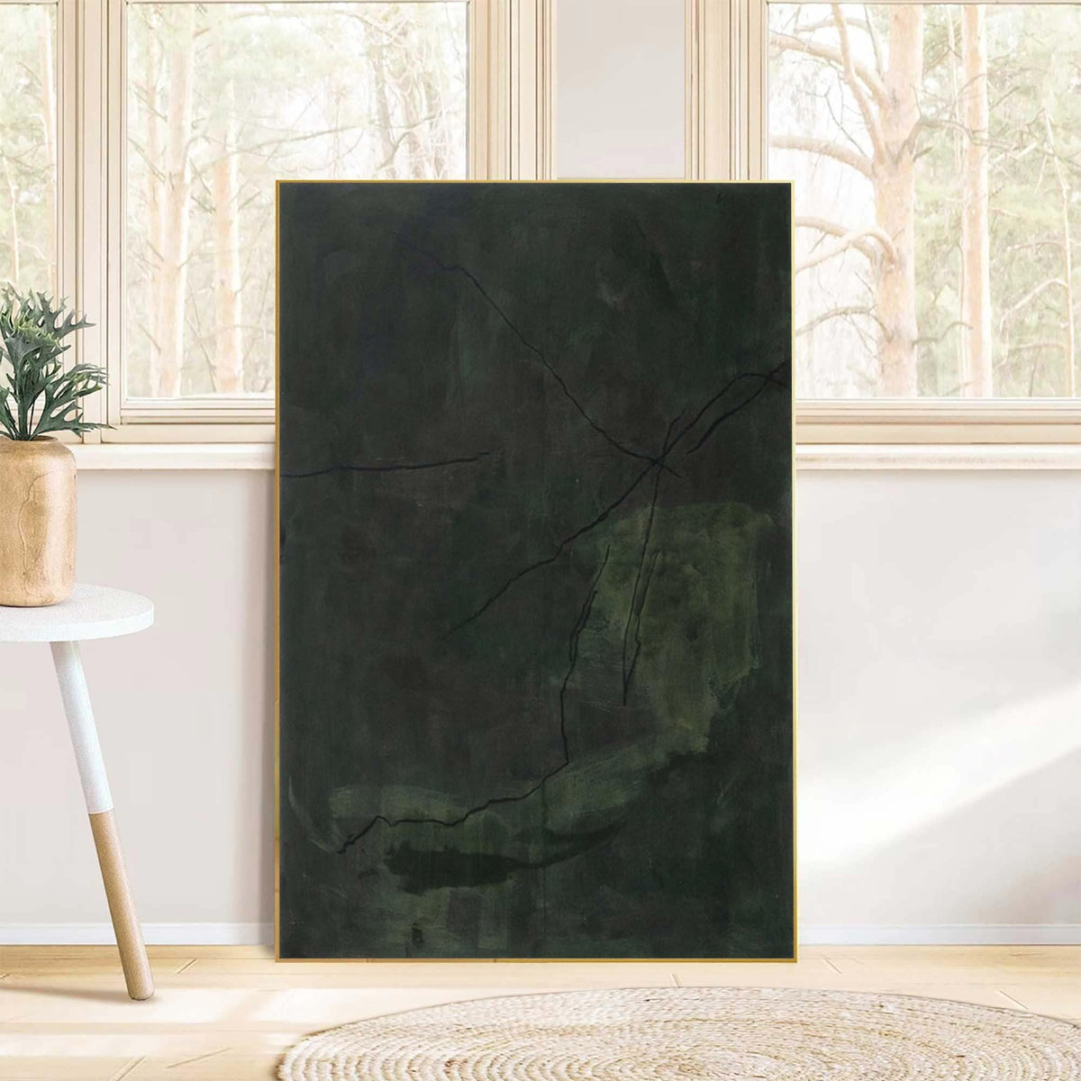 Large Dark Green Abstract Wall Art Wabi Sabi Canvas Painting for Living Room Decor