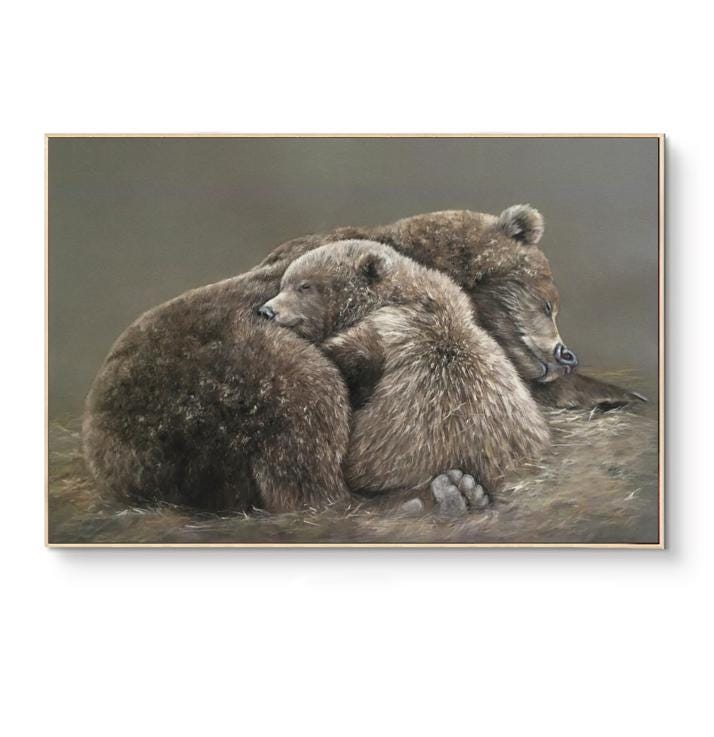 Classical Bear and Cub Oil Painting on Canvas, Hand-painted Grizzly Bear Canvas Wall Art, Modern Animal Wall Art for Living Room, Home Décor