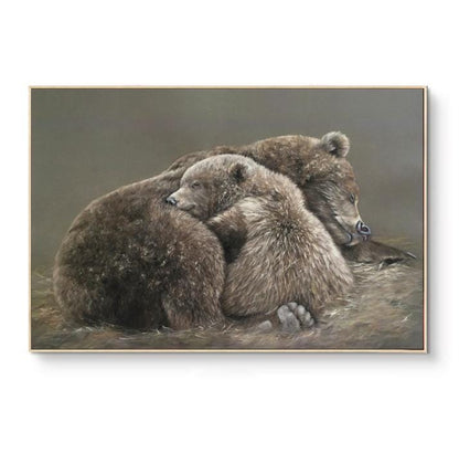 Classical Bear and Cub Oil Painting on Canvas, Hand-painted Grizzly Bear Canvas Wall Art, Modern Animal Wall Art for Living Room, Home Décor