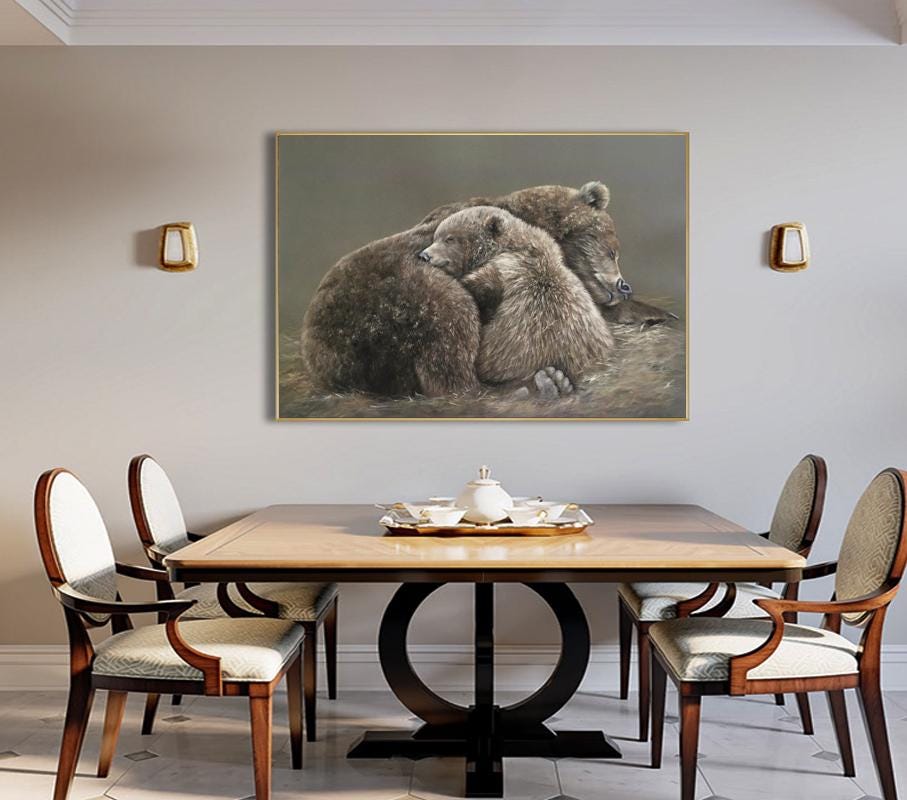 Classical Bear and Cub Oil Painting on Canvas, Hand-painted Grizzly Bear Canvas Wall Art, Modern Animal Wall Art for Living Room, Home Décor