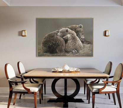 Classical Bear and Cub Oil Painting on Canvas, Hand-painted Grizzly Bear Canvas Wall Art, Modern Animal Wall Art for Living Room, Home Décor