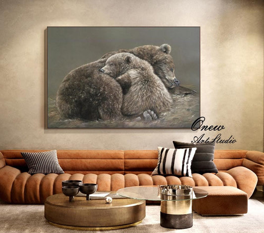 Classical Bear and Cub Oil Painting on Canvas, Hand-painted Grizzly Bear Canvas Wall Art, Modern Animal Wall Art for Living Room, Home Décor