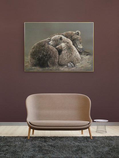 Classical Bear and Cub Oil Painting on Canvas, Hand-painted Grizzly Bear Canvas Wall Art, Modern Animal Wall Art for Living Room, Home Décor