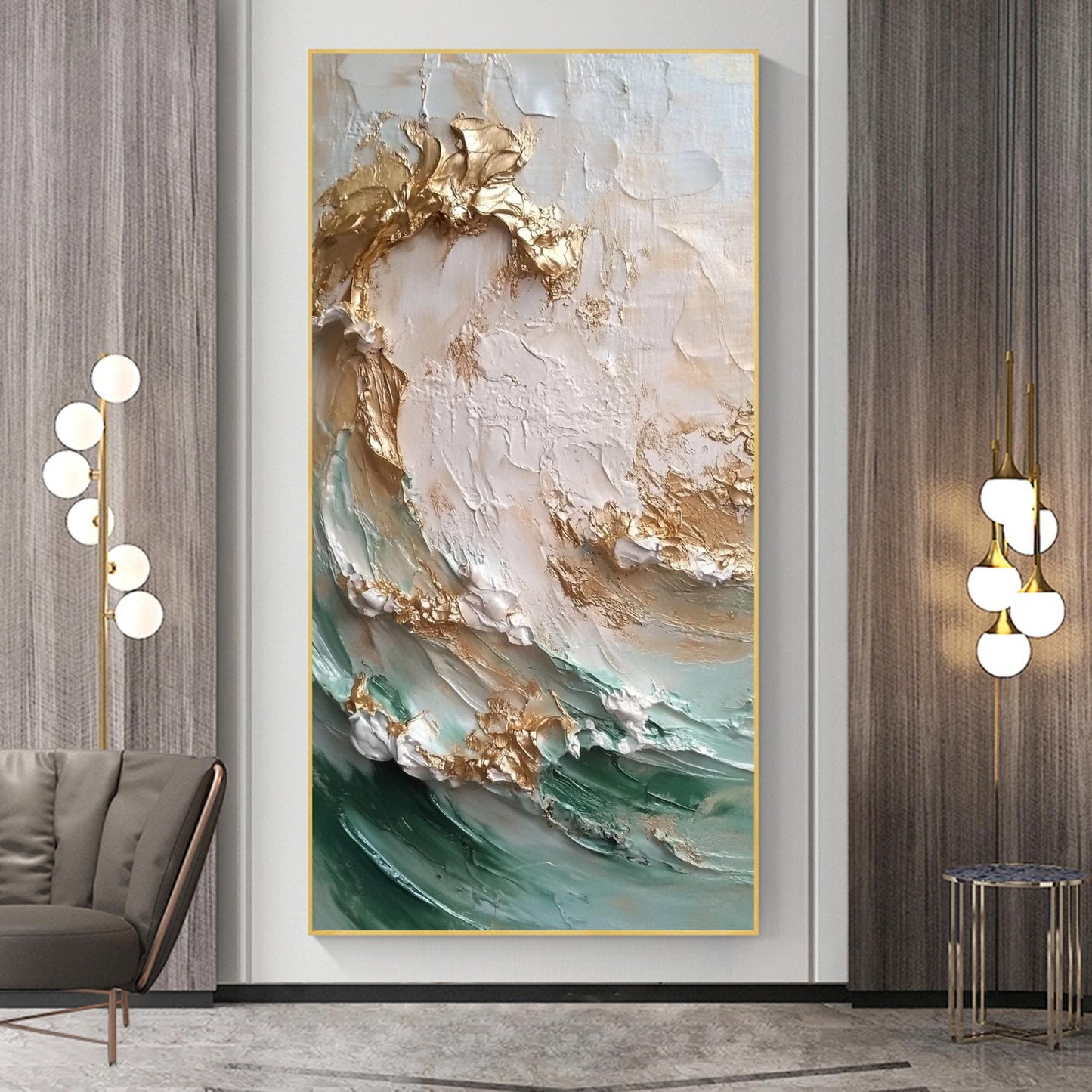 Teal and Gold Abstract Textured Seascape Wall Art – Golden Waves Oil Painting