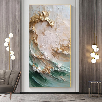 Teal and Gold Abstract Textured Seascape Wall Art – Golden Waves Oil Painting