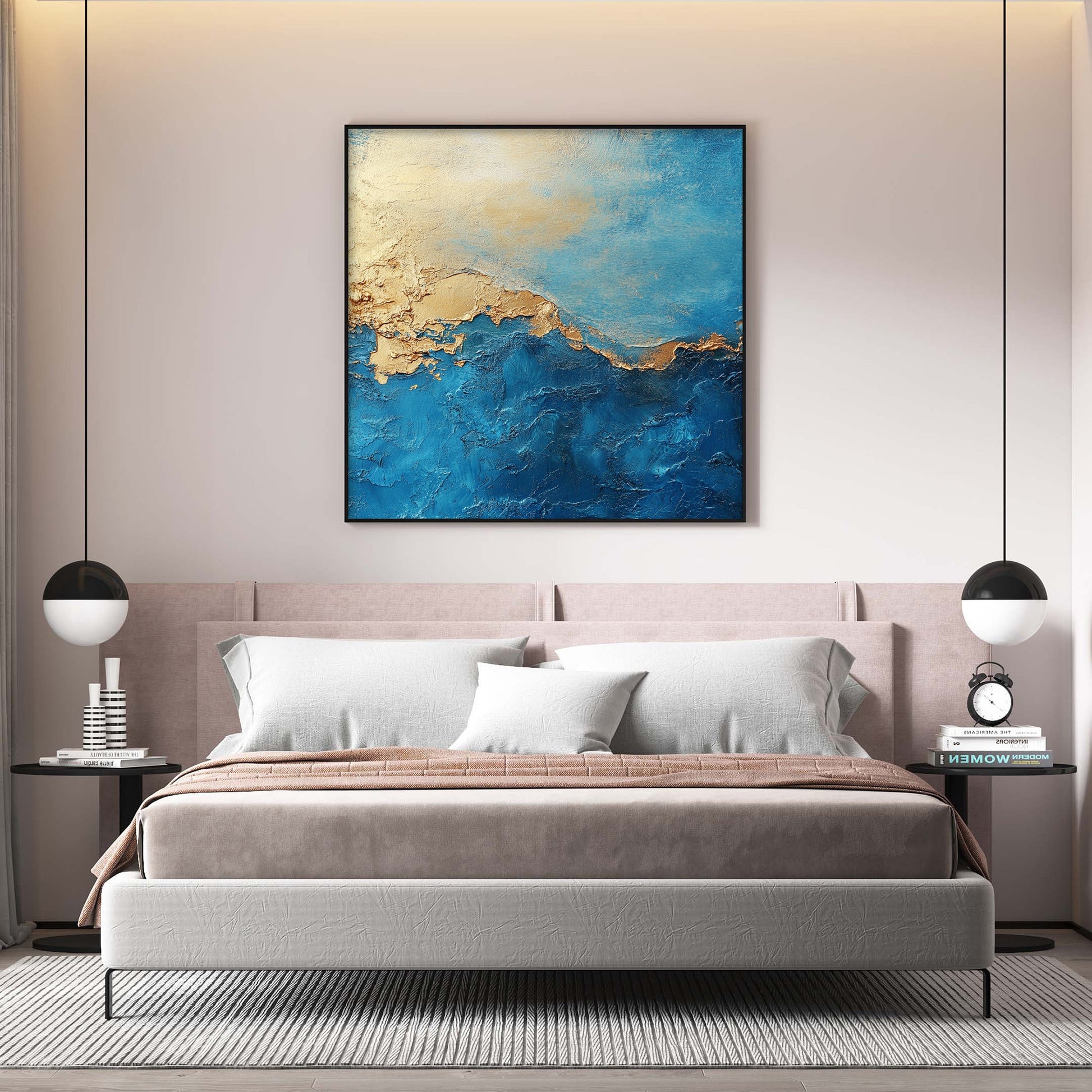Abstract Gold Leaf Oil Painting on Canvas, Blue Wall Art – Blue and Gold Botanical Leaf Wall Art | Abstract Oil Painting, vie