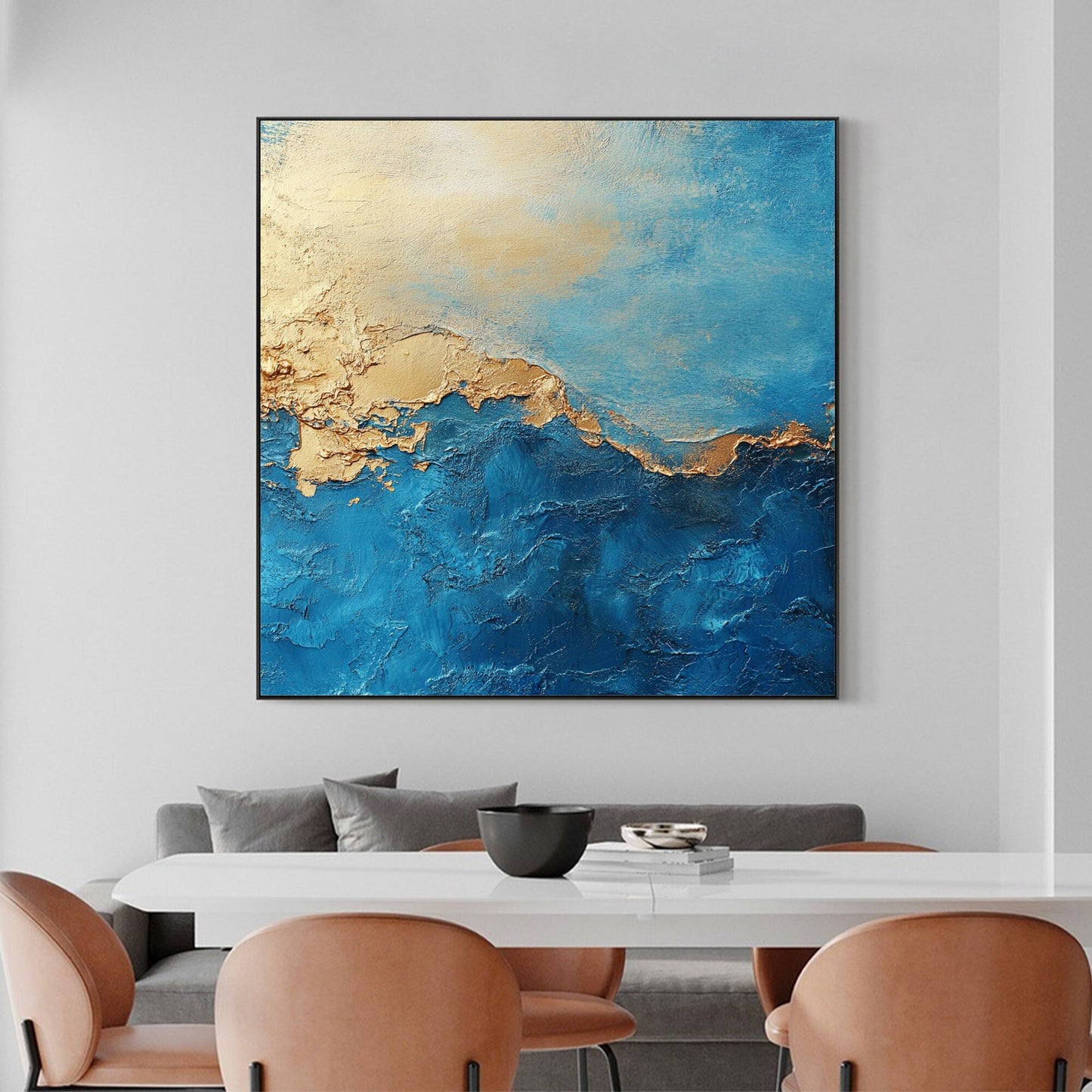 Abstract Gold Leaf Oil Painting on Canvas, Blue Wall Art – Blue and Gold Botanical Leaf Wall Art | Abstract Oil Painting, vie