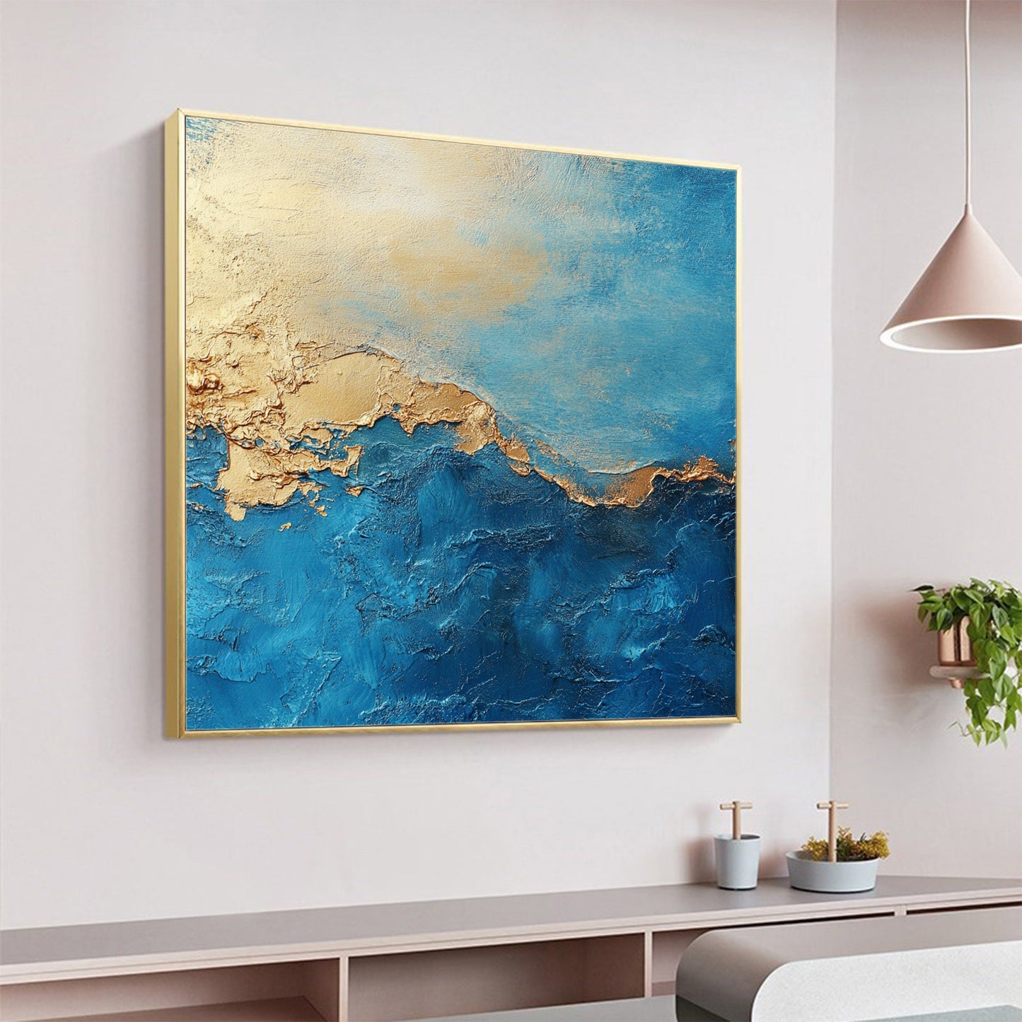 Abstract Gold Leaf Oil Painting on Canvas, Blue Wall Art – Blue and Gold Botanical Leaf Wall Art | Abstract Oil Painting, vie