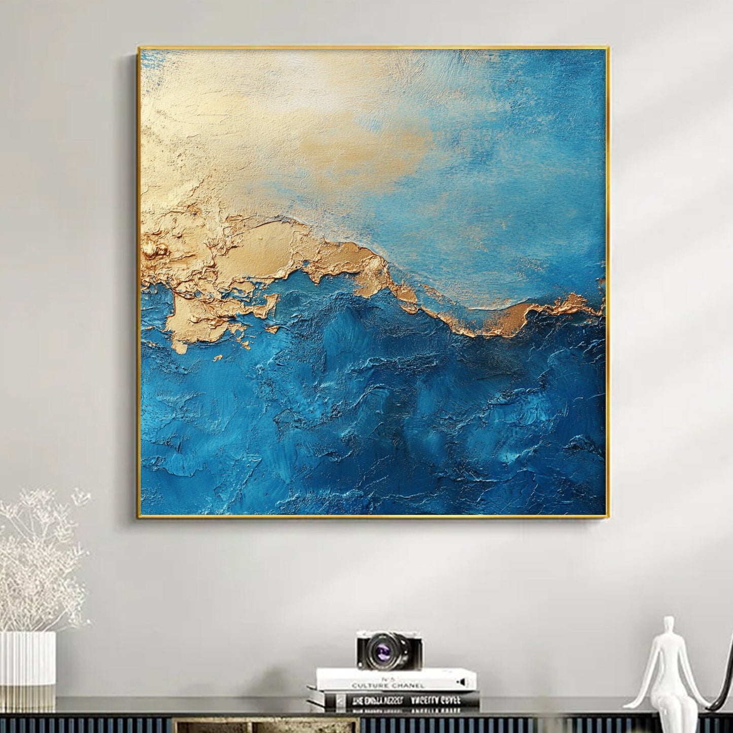 Blue and Gold Abstract Botanical Leaf Wall Art