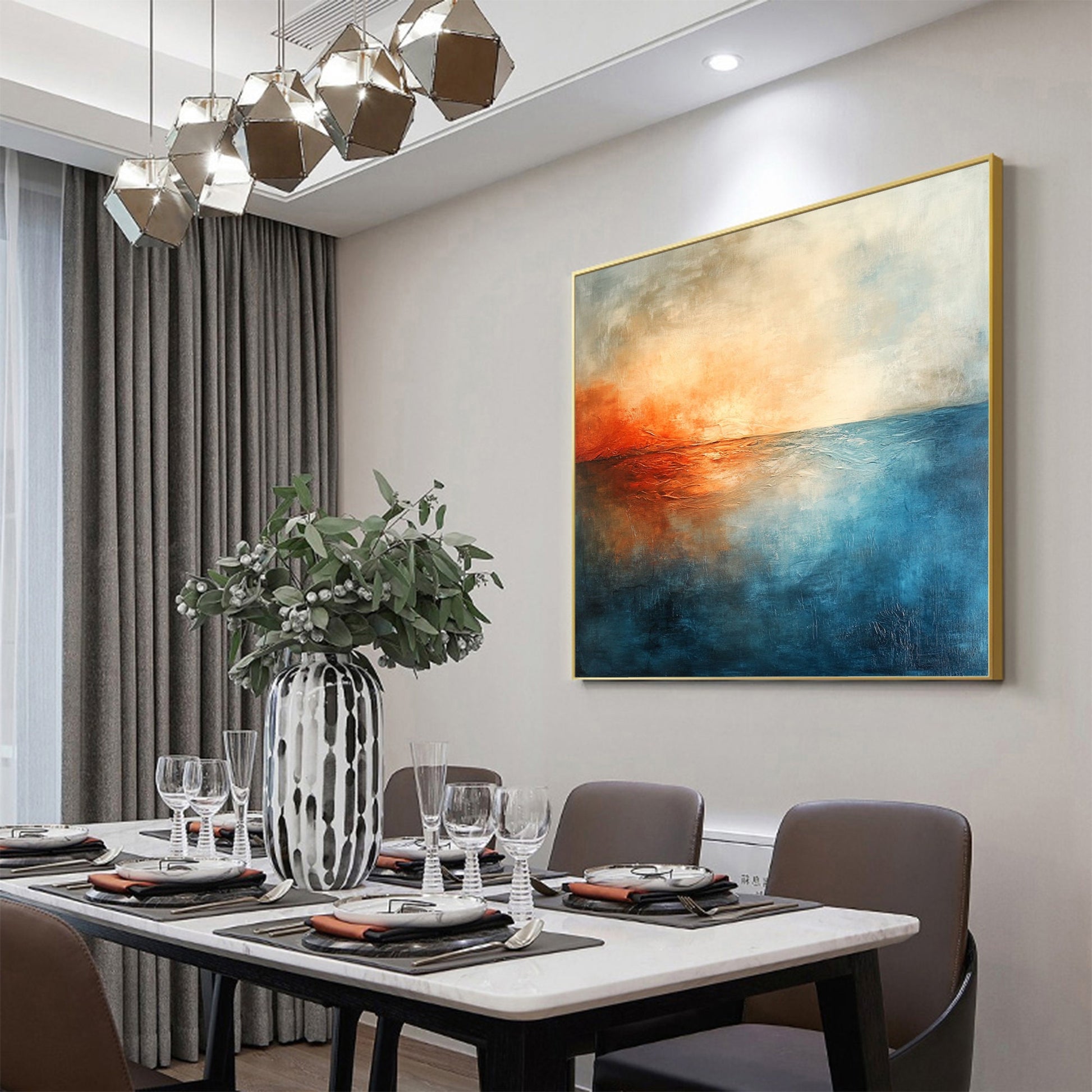 Hand-Painted Ocean Sunset Oil Painting – Blue and Orange Sunset Abstract Wall Art | Hand-Painted Oil Painting, view 2