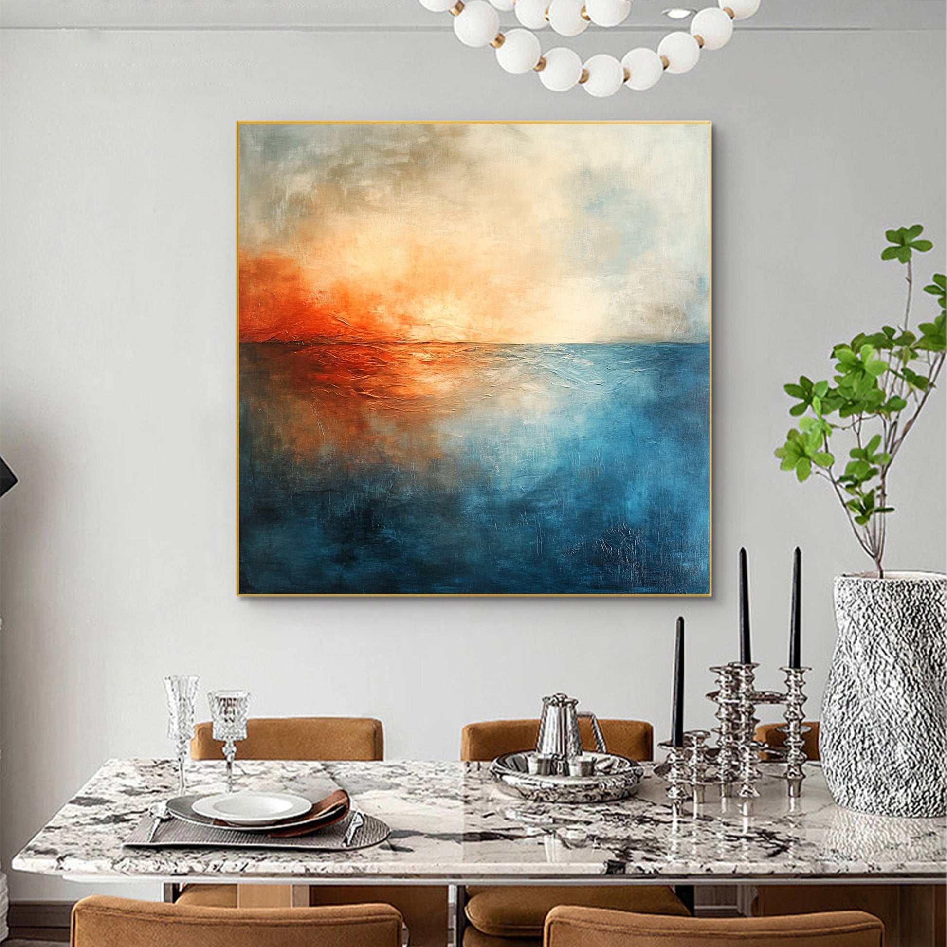 Hand-Painted Ocean Sunset Oil Painting – Blue and Orange Sunset Abstract Wall Art | Hand-Painted Oil Painting, view 4