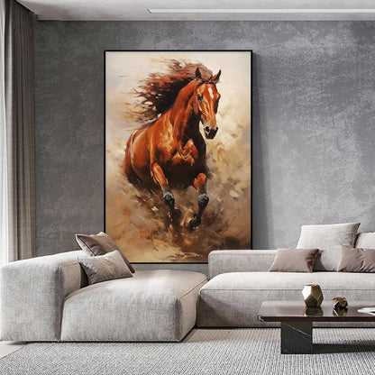 May include: A painting of a brown horse running through a field of brown grass and dust. The horse has a long flowing mane and tail. The painting is in a modern style and has a realistic feel.