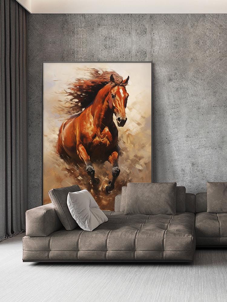 May include: A painting of a brown horse running through a field of dust. The horse has a long flowing mane and tail. The painting is framed and hanging on a wall above a brown sectional sofa.