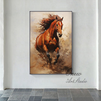 May include: A painting of a brown horse running through a field of brown grass. The horse's mane and tail are flowing in the wind. The painting is done in a realistic style.