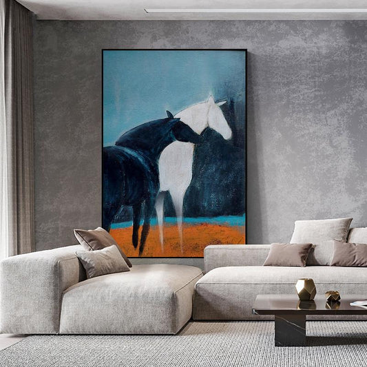 Abstract Black and White Horse Oil Painting on Canvas, Large Original Horses Canvas Wall Art, Modern Animal Wall Art for Living Room Bedroom