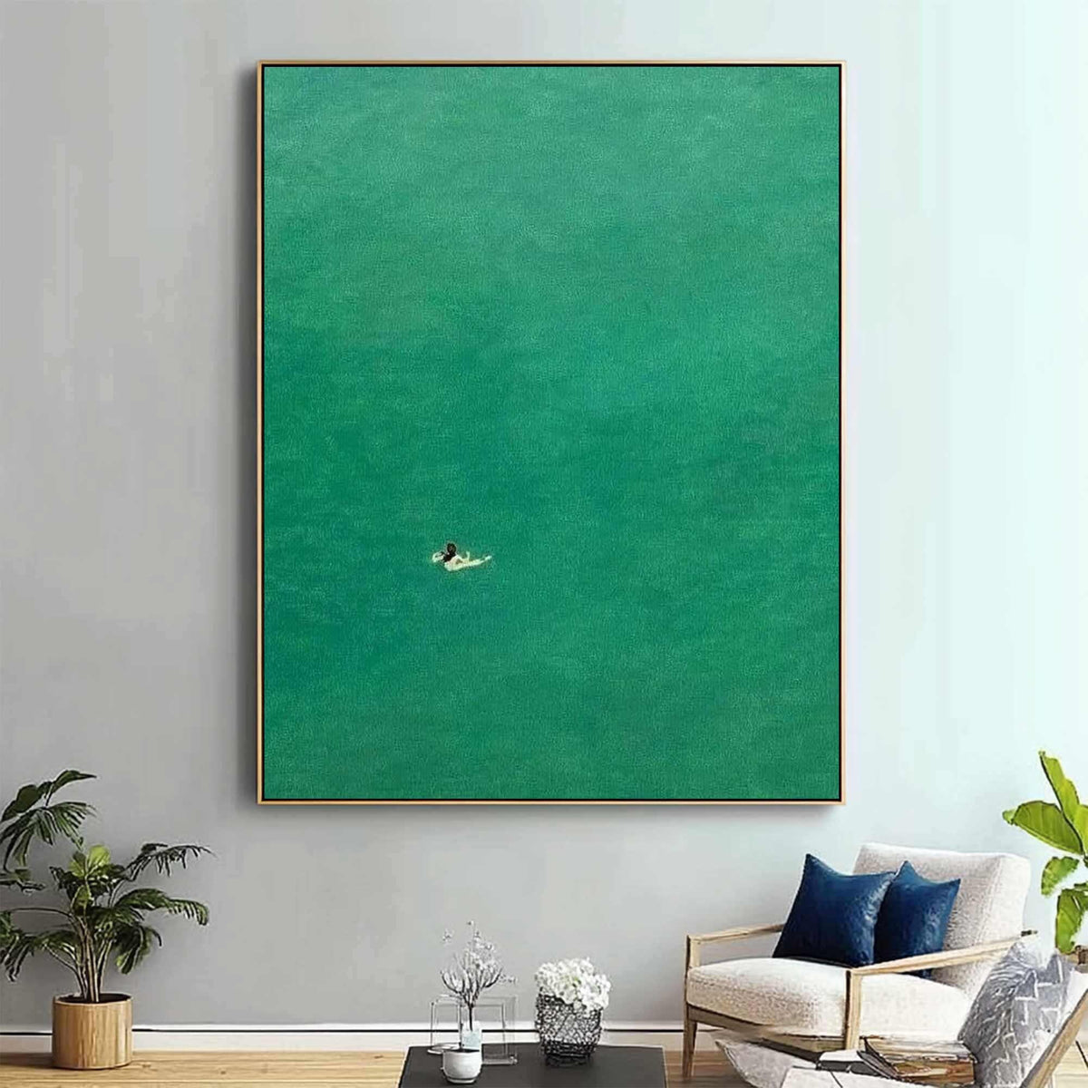 May include: A minimalist painting of a single person swimming in a vast expanse of turquoise water. The painting has a simple, serene aesthetic.