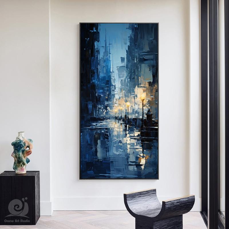 Abstract Cityscape Canvas Wall Art, Large Original Streetscape Oil Painting on Canvas, Modern Textured Wall Art for Living Room, Home Décor