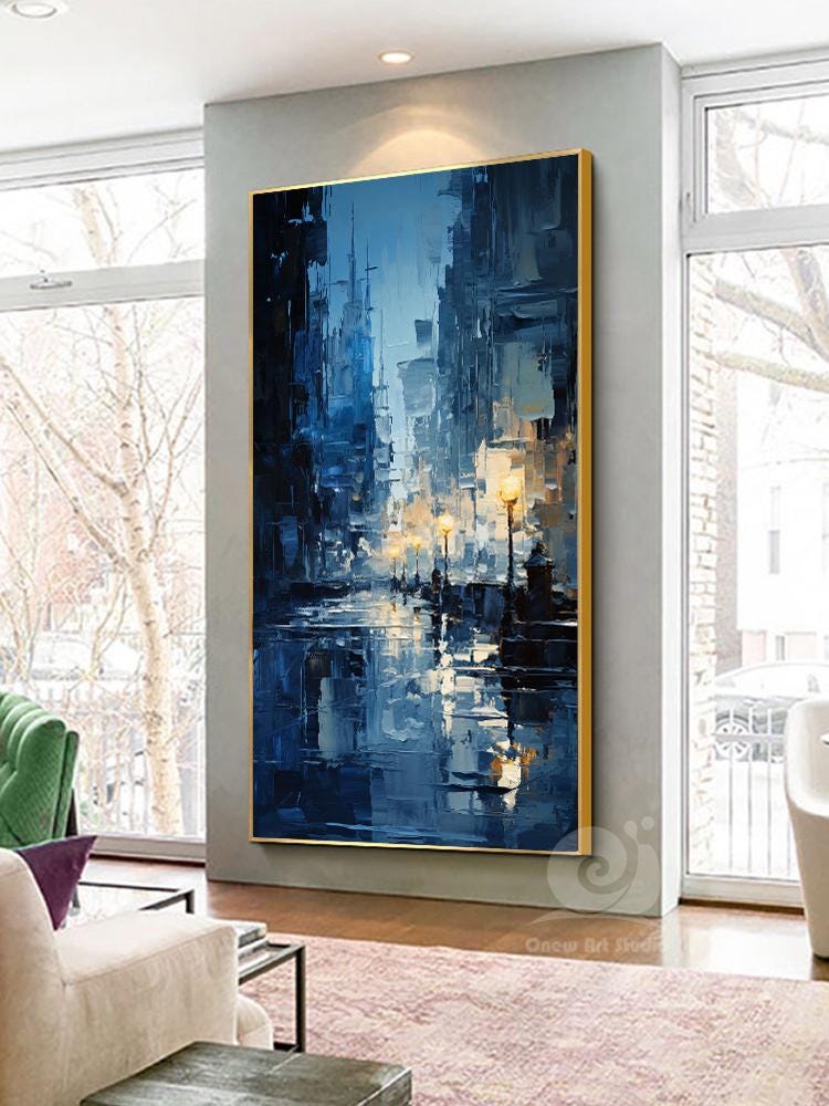 Abstract Cityscape Canvas Wall Art, Large Original Streetscape Oil Painting on Canvas, Modern Textured Wall Art for Living Room, Home Décor