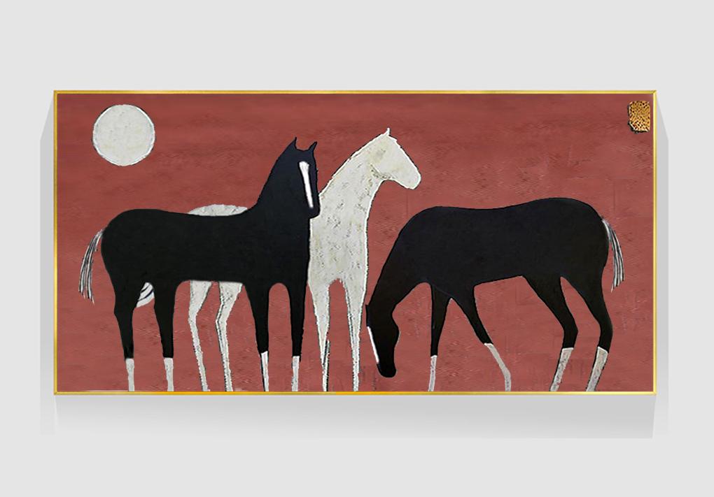 Abstract Black and White Horses Oil Painting on Canvas, Large Original Horse Canvas Wall Art, Modern Animal Wall Art for Living Room Bedroom