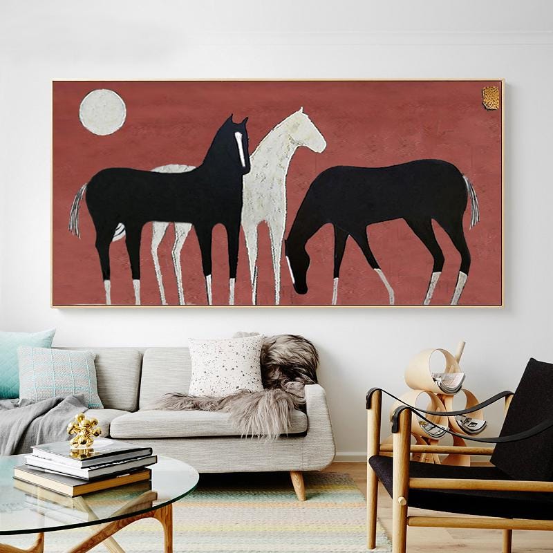 Abstract Black and White Horses Oil Painting on Canvas, Large Original Horse Canvas Wall Art, Modern Animal Wall Art for Living Room Bedroom