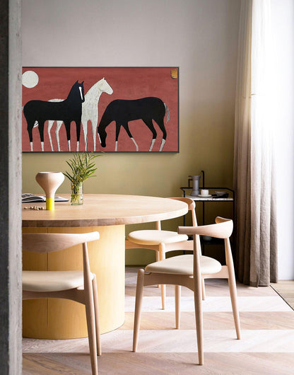 Abstract Black and White Horses Oil Painting on Canvas, Large Original Horse Canvas Wall Art, Modern Animal Wall Art for Living Room Bedroom