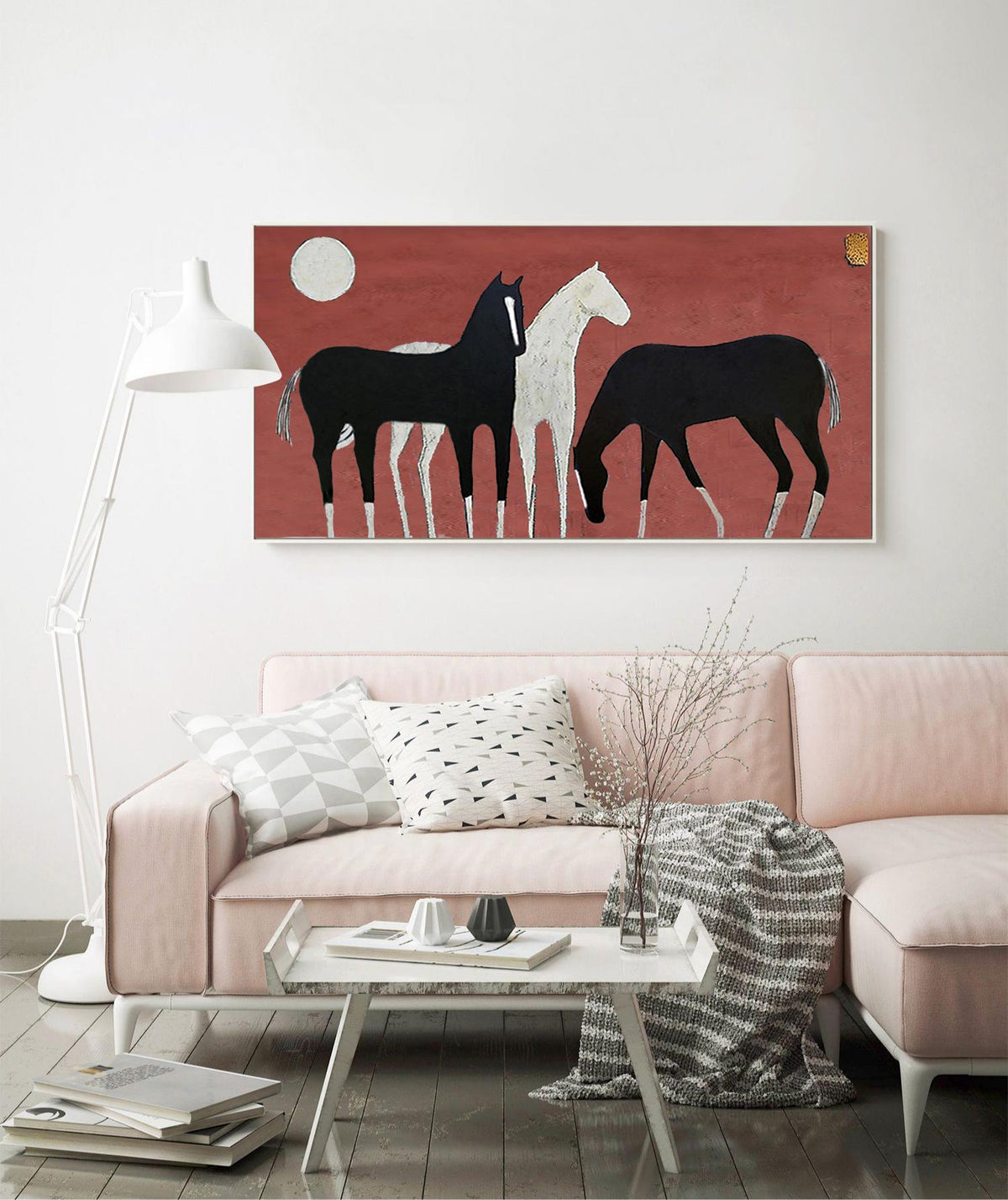 Abstract Black and White Horses Oil Painting on Canvas, Large Original Horse Canvas Wall Art, Modern Animal Wall Art for Living Room Bedroom