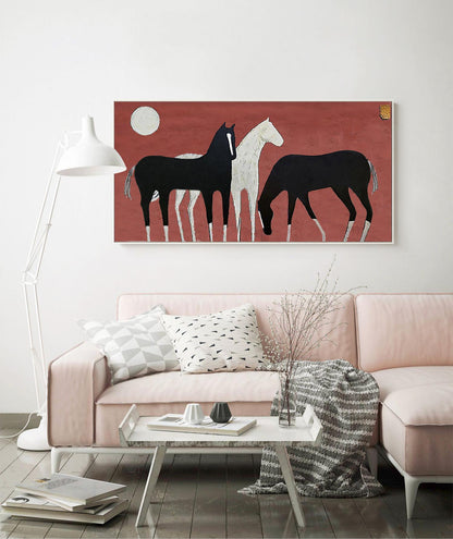 Abstract Black and White Horses Oil Painting on Canvas, Large Original Horse Canvas Wall Art, Modern Animal Wall Art for Living Room Bedroom