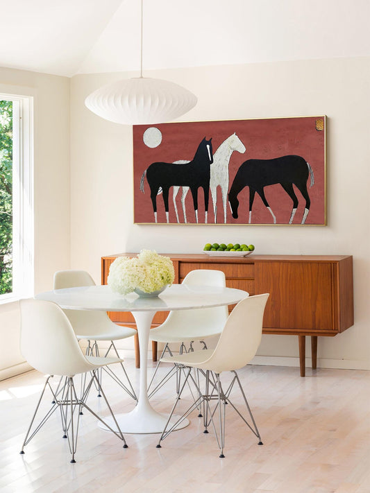 Abstract Black and White Horses Oil Painting on Canvas, Large Original Horse Canvas Wall Art, Modern Animal Wall Art for Living Room Bedroom