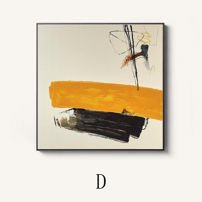 May include: Abstract painting with a yellow, black, and white color scheme. The painting features a large yellow rectangle with black lines and a smaller black shape on top.