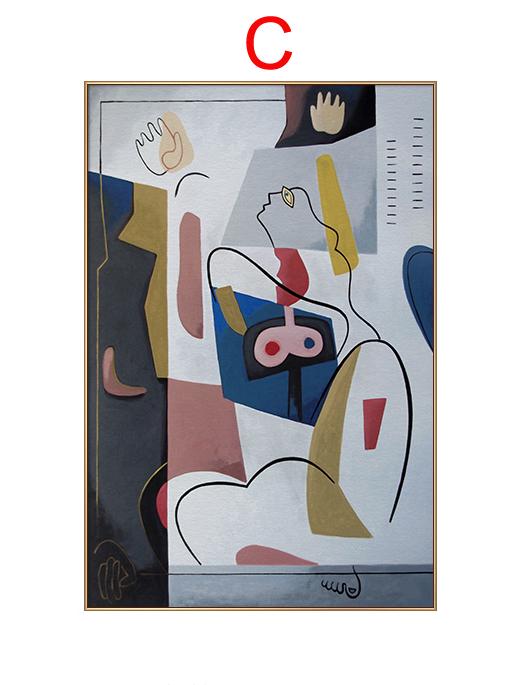 May include: Abstract art painting featuring a stylized figure with geometric shapes in shades of blue, red, pink, yellow, and gold on a white background.