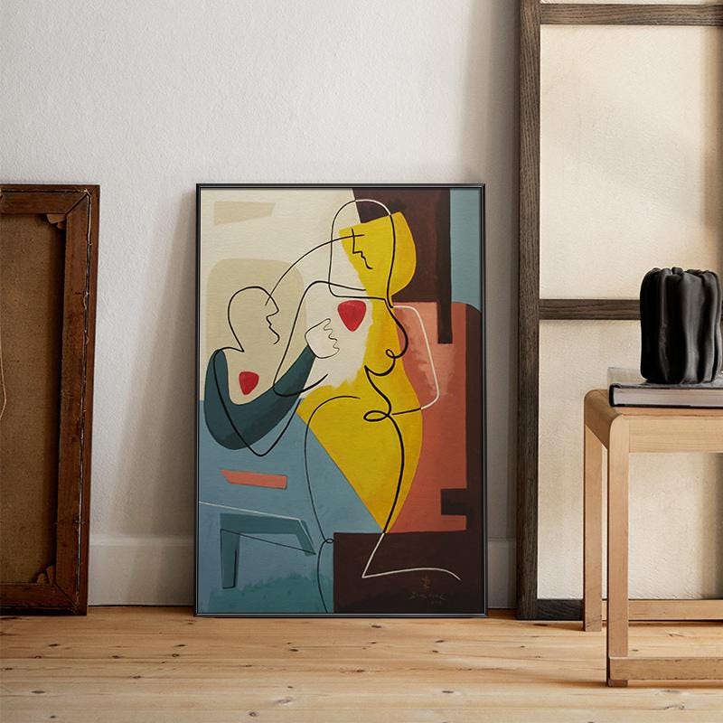 May include: Abstract art print featuring two figures in a yellow, red, blue, and brown color scheme. The figures are outlined in black and have red hearts in their chests.