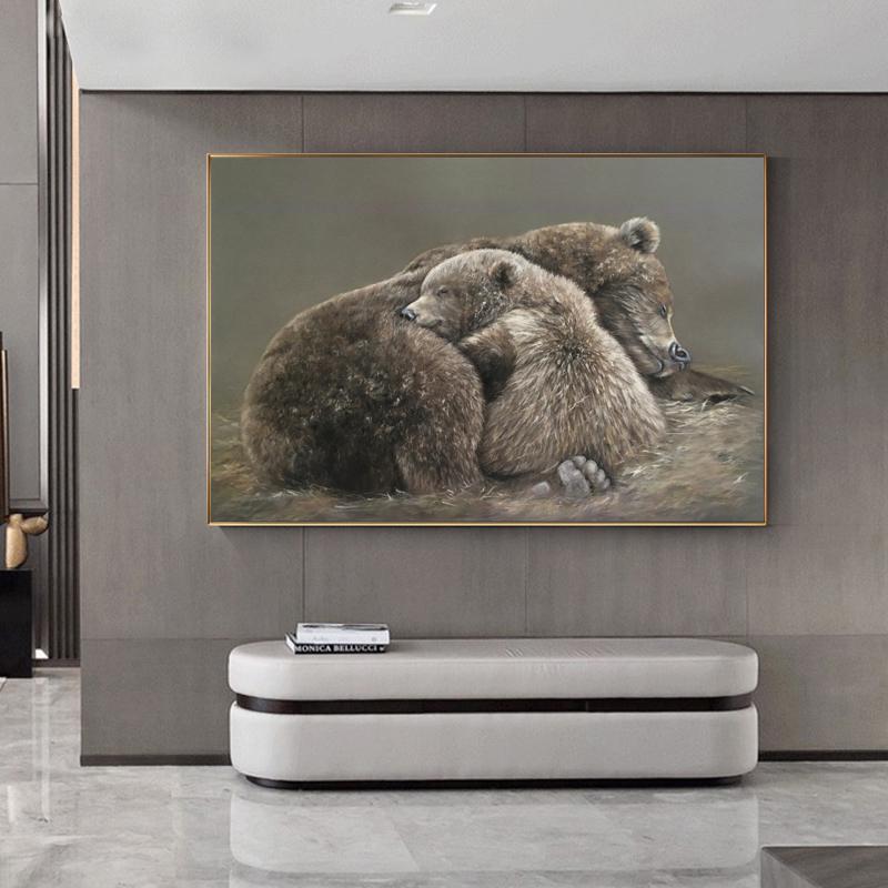 Classical Bear and Cub Oil Painting on Canvas, Hand-painted Grizzly Bear Canvas Wall Art, Modern Animal Wall Art for Living Room, Home Décor