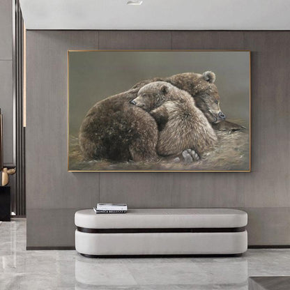 Classical Bear and Cub Oil Painting on Canvas, Hand-painted Grizzly Bear Canvas Wall Art, Modern Animal Wall Art for Living Room, Home Décor