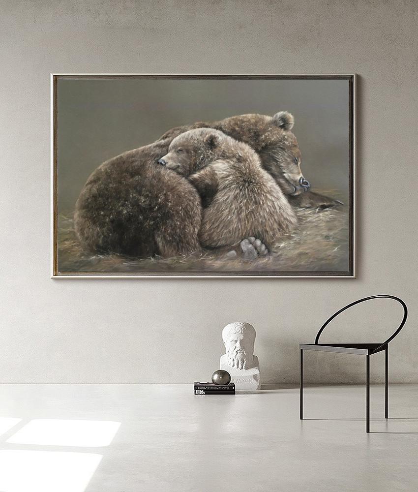Classical Bear and Cub Oil Painting on Canvas, Hand-painted Grizzly Bear Canvas Wall Art, Modern Animal Wall Art for Living Room, Home Décor