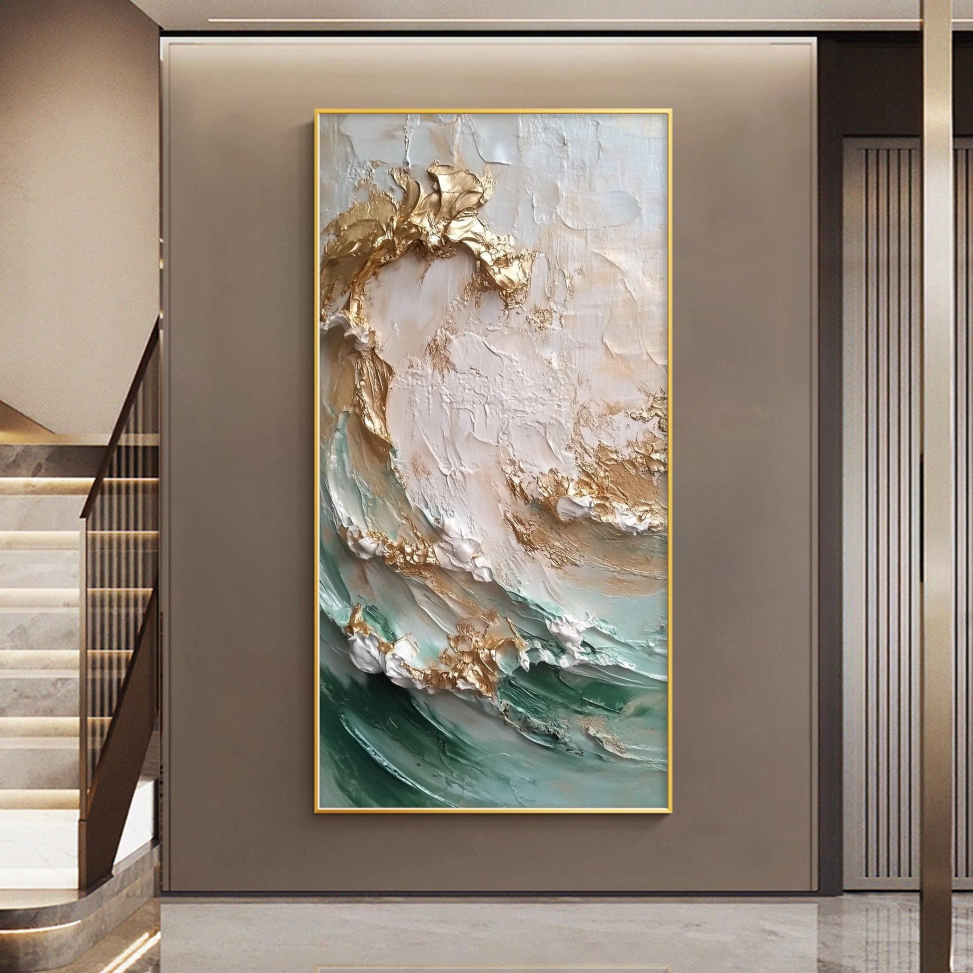Original Abstract Golden Waves Oil Painting – Teal and Gold Seascape Wall Art | Abstract Textured Oil Painting, view 3