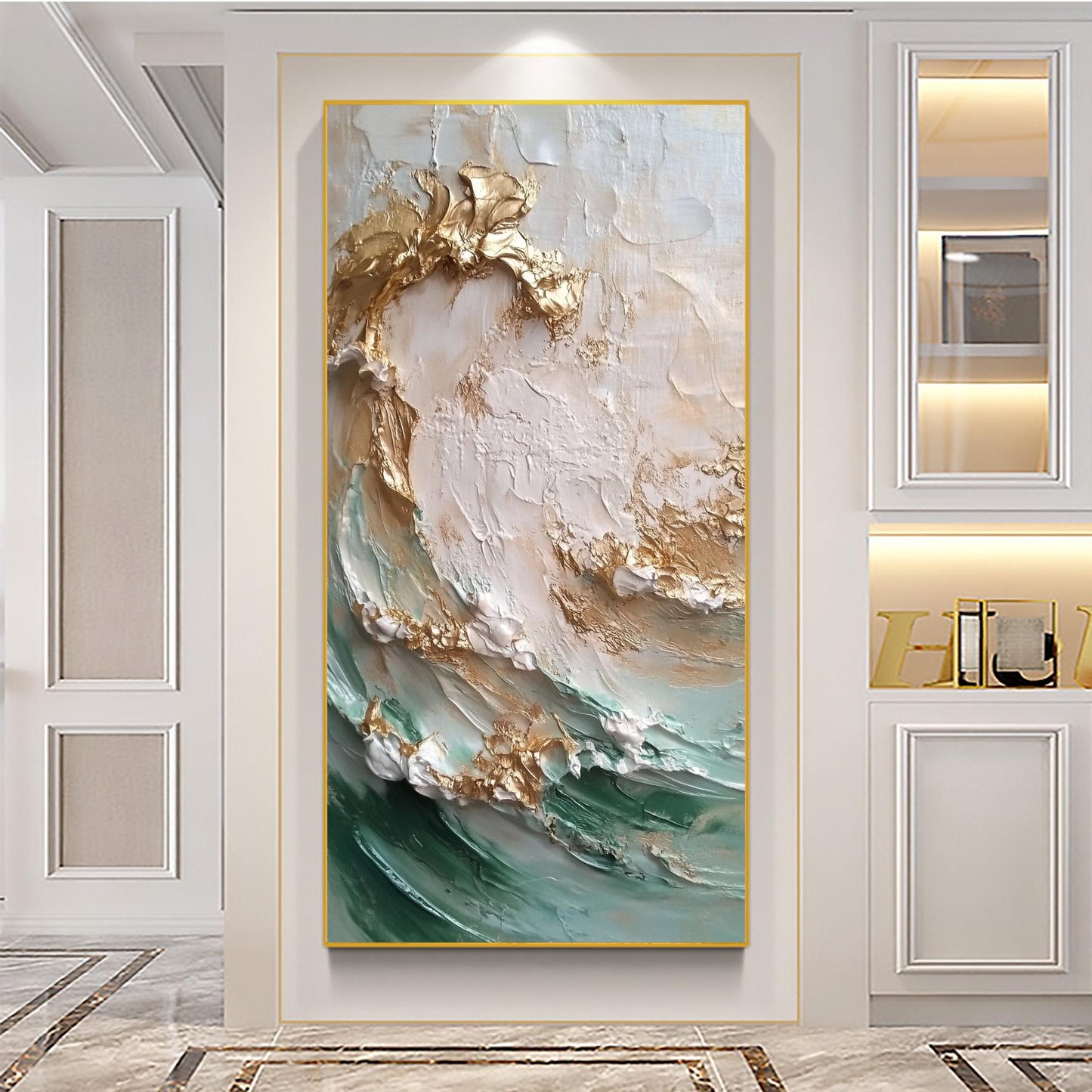 Teal and Gold Abstract Textured Seascape Wall Art – Golden Waves Oil Painting
