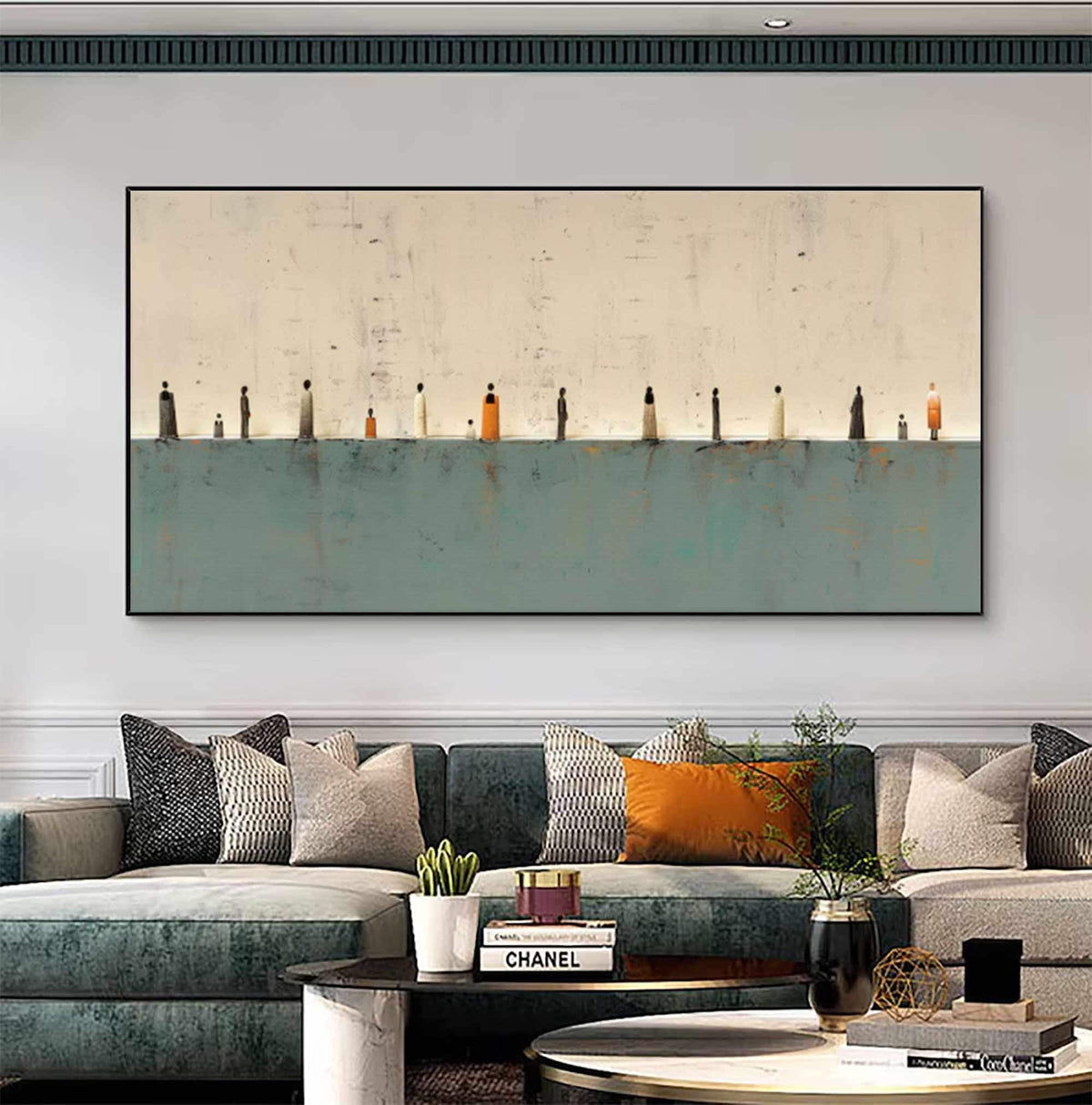 Teal Beige Gallery Wall Art Minimalist Tiny Figures Canvas for Living Room Decor