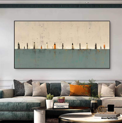 Teal Beige Gallery Wall Art Minimalist Tiny Figures Canvas for Living Room Decor