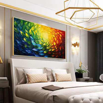 Abstract Rainbow Leaves Impasto Oil Painting, Textured 3D Canvas Art – Botanical Leaf Wall Art | Abstract Impasto Hand-Painte